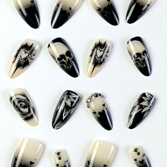 Gothic Press On Nails Skull Flowers Hearts Rhinestones Almond NWT - Picture 1 of 4
